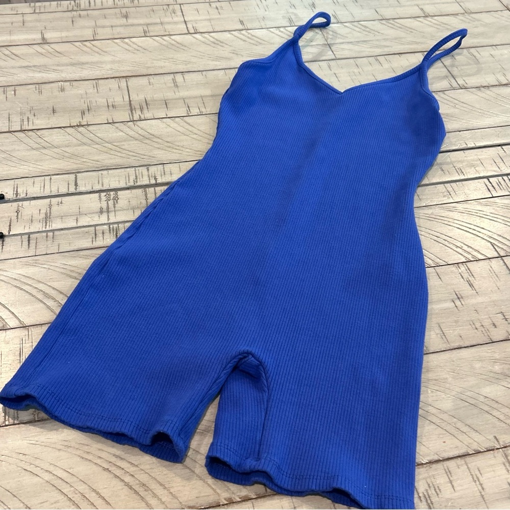 Love Tree Blue Ribbed Stretchy Romper, Women's Size Medium Rayon Spandex Blend M